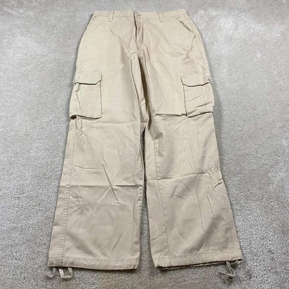 Y2K Koman Cargo Pants Mens 34x31 Tan Canvas Baggy Wide Leg Faded Drawstring